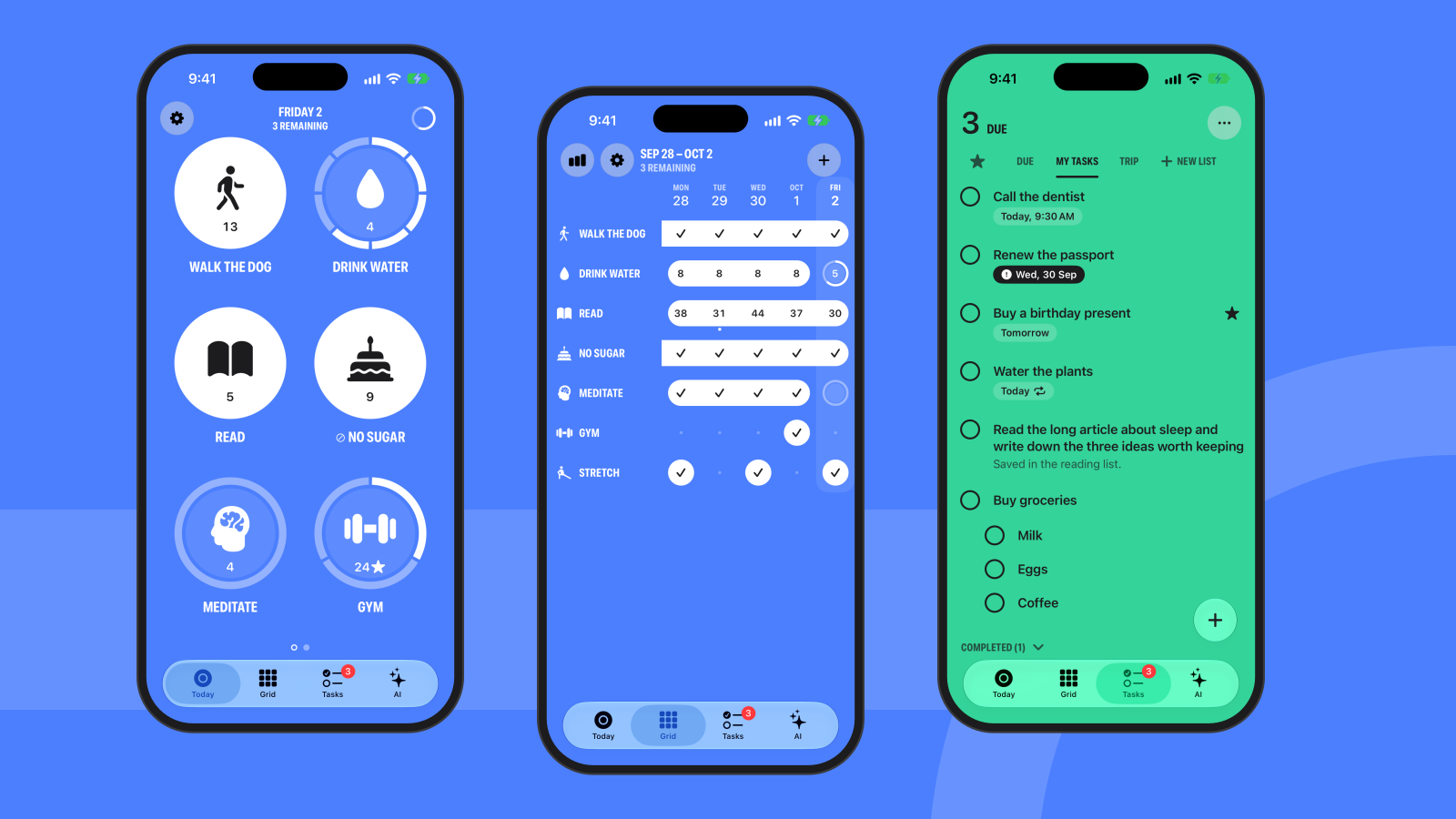 Today on three iPhone screens: the Today tab, the Grid and Tasks.